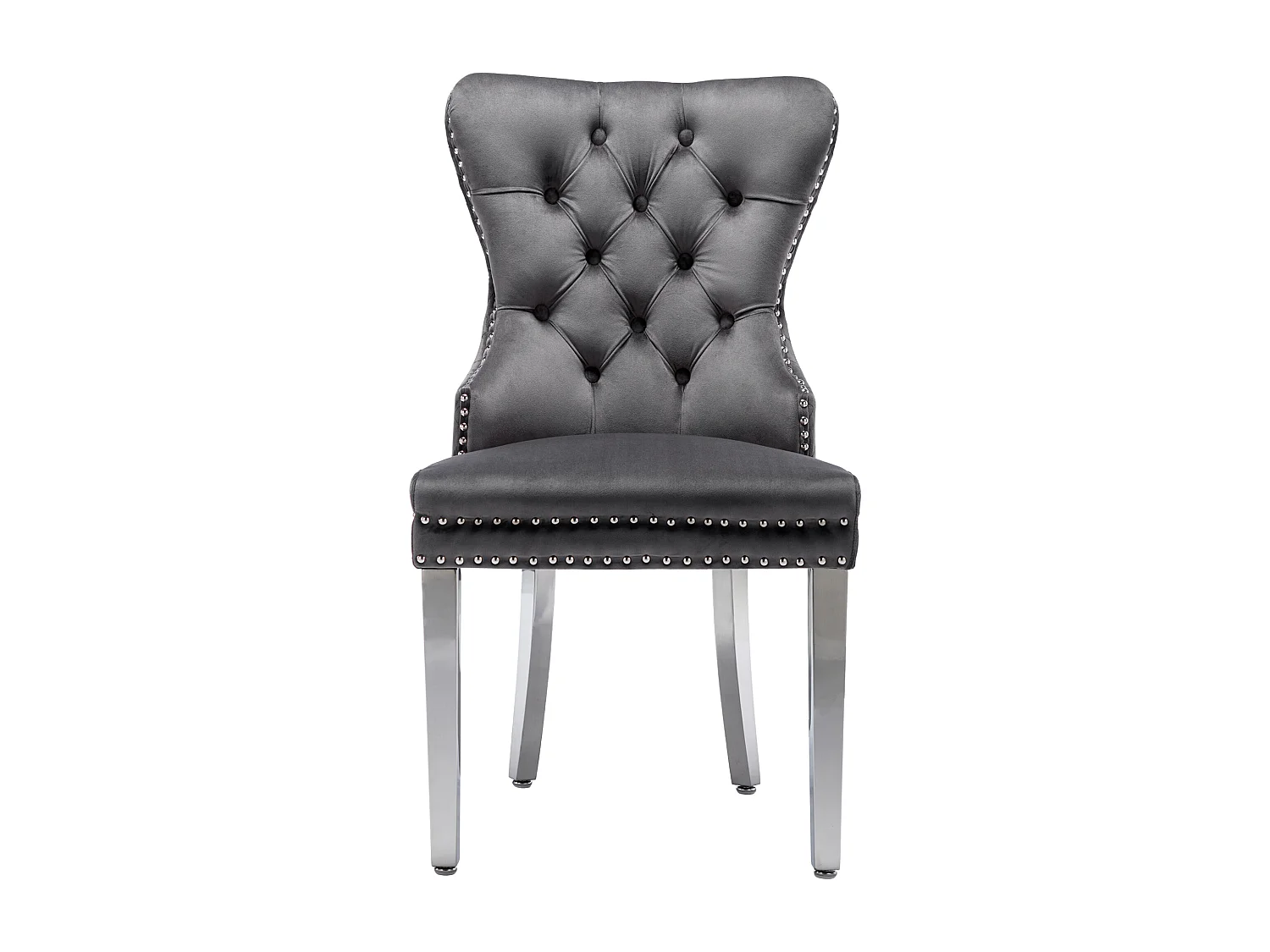 Chaise de salle à manger en velours gris, cadre en bois massif, pieds en métal, dossier à boucle carrée