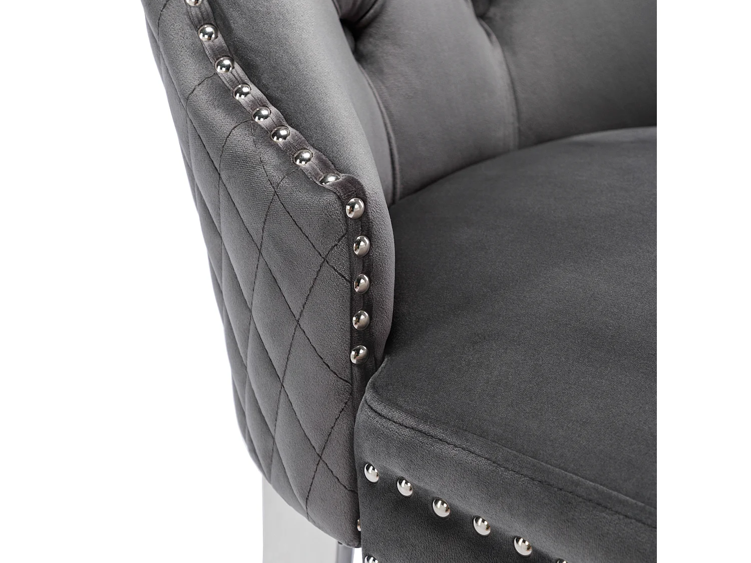 Chaise de salle à manger en velours gris, cadre en bois massif, pieds en métal, dossier à boucle carrée