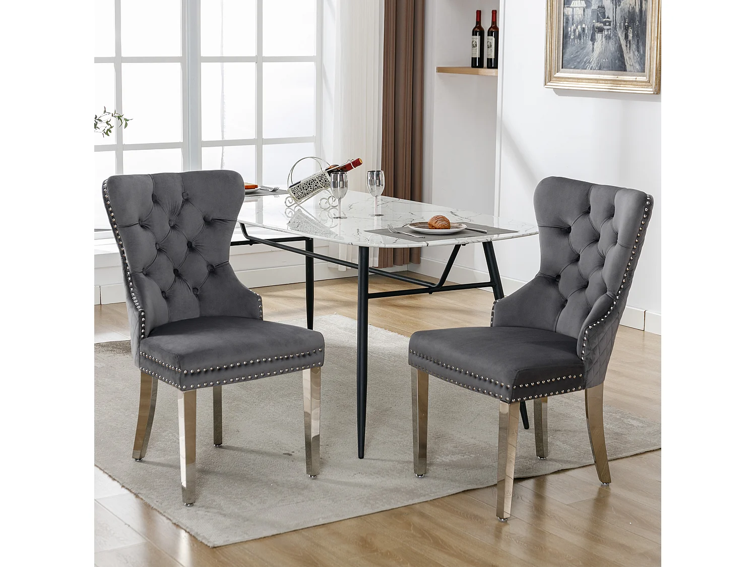 Chaise de salle à manger en velours gris, cadre en bois massif, pieds en métal, dossier à boucle carrée