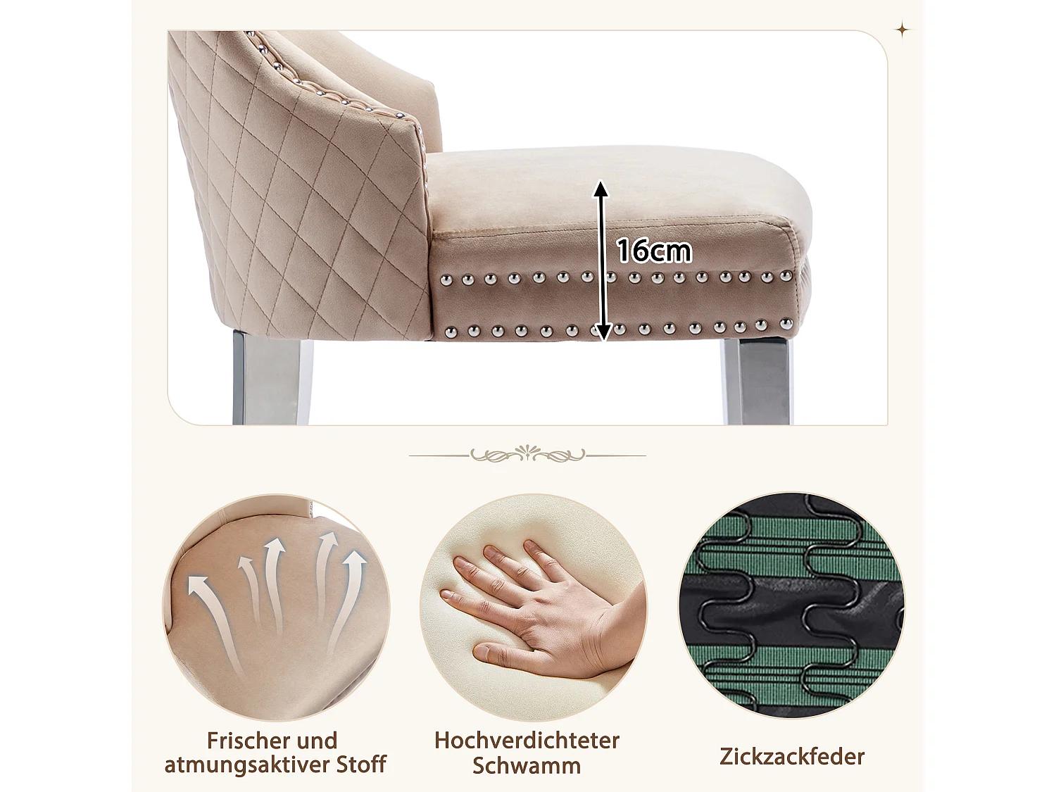 Chaise de salle à manger avec dossier à boucle carrée, coussin décoratif, pieds en métal, velours beige