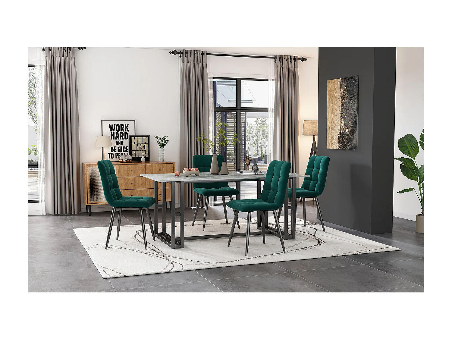 Lot de 4 chaises de salle à manger en velours vert avec dossier capitonné, rembourrage en mousse, pieds en métal