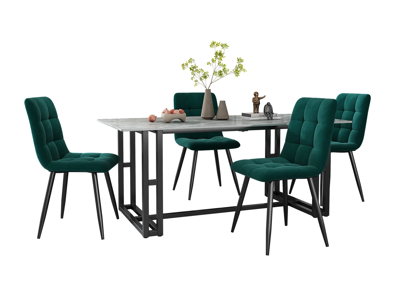 Lot de 4 chaises de salle à manger en velours vert avec dossier capitonné, rembourrage en mousse, pieds en métal