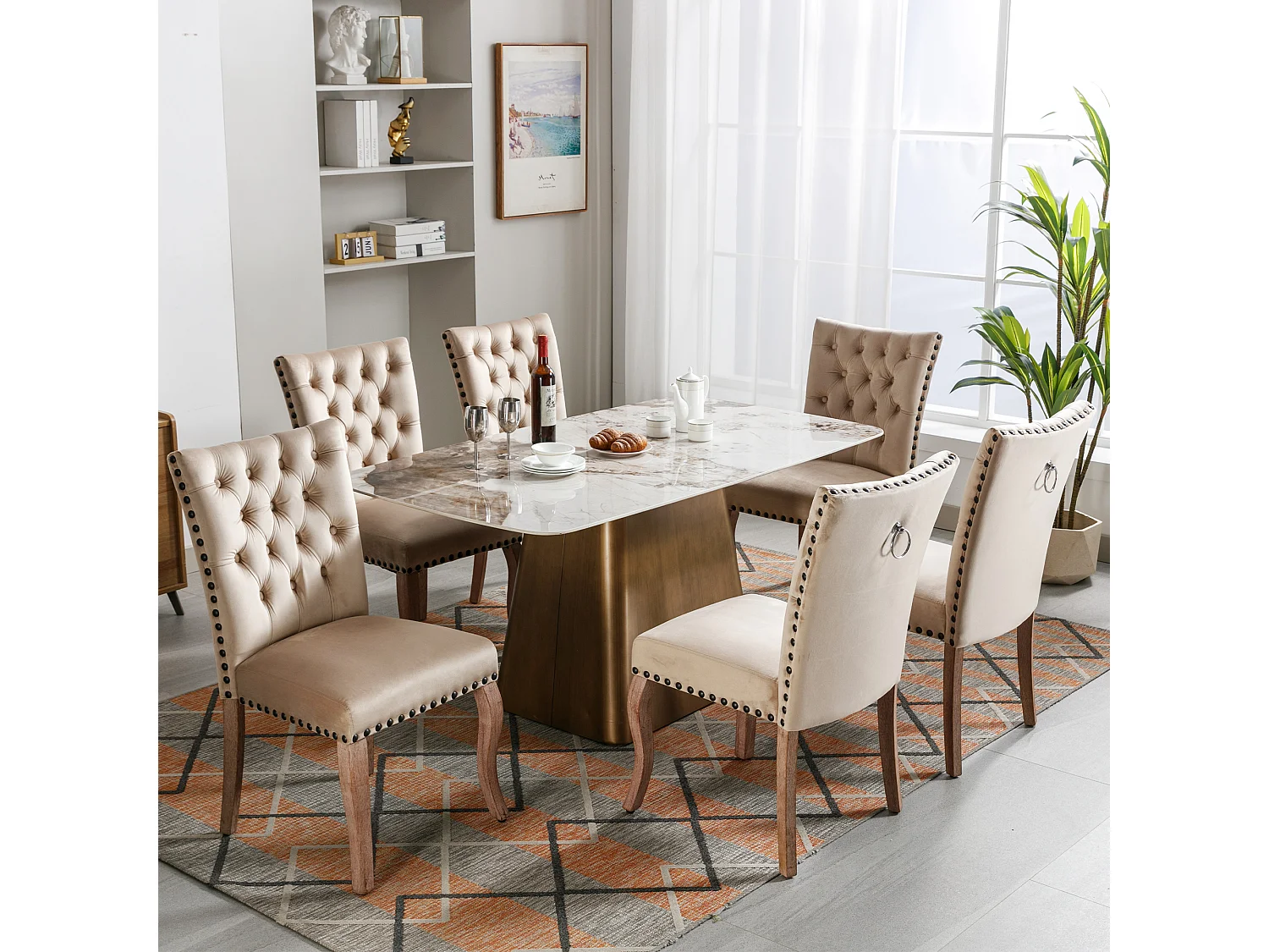 Chaise de salle à manger moderne, dossier avec anneau et clous décoratifs, velours, camel clair