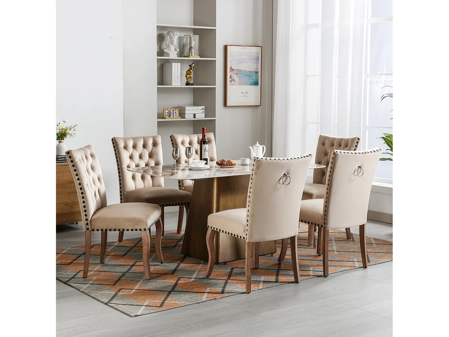 Chaise de salle à manger moderne, dossier avec anneau et clous décoratifs, velours, camel clair