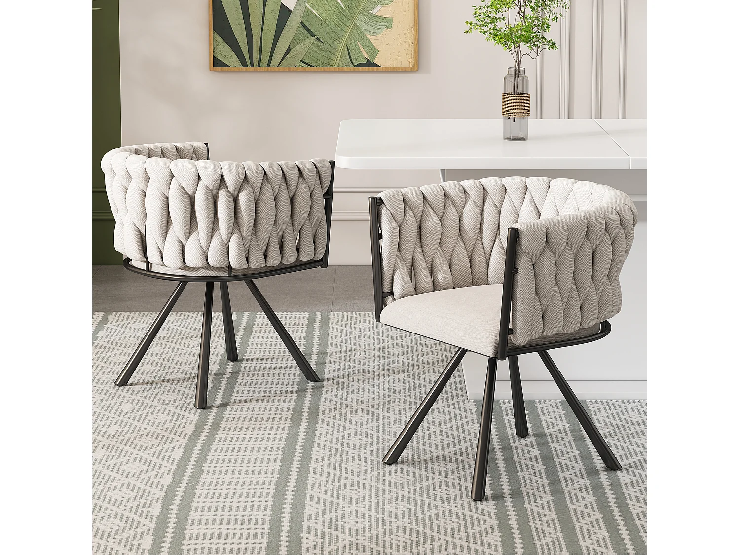 Lot de 2 chaises en lin avec accoudoirs et dossier 360° rotatif- pieds en métal noir - beige