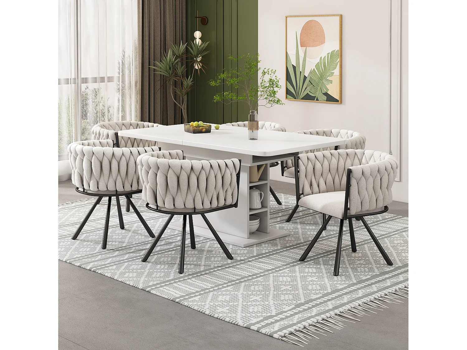 Lot de 2 chaises en lin avec accoudoirs et dossier 360° rotatif- pieds en métal noir - beige