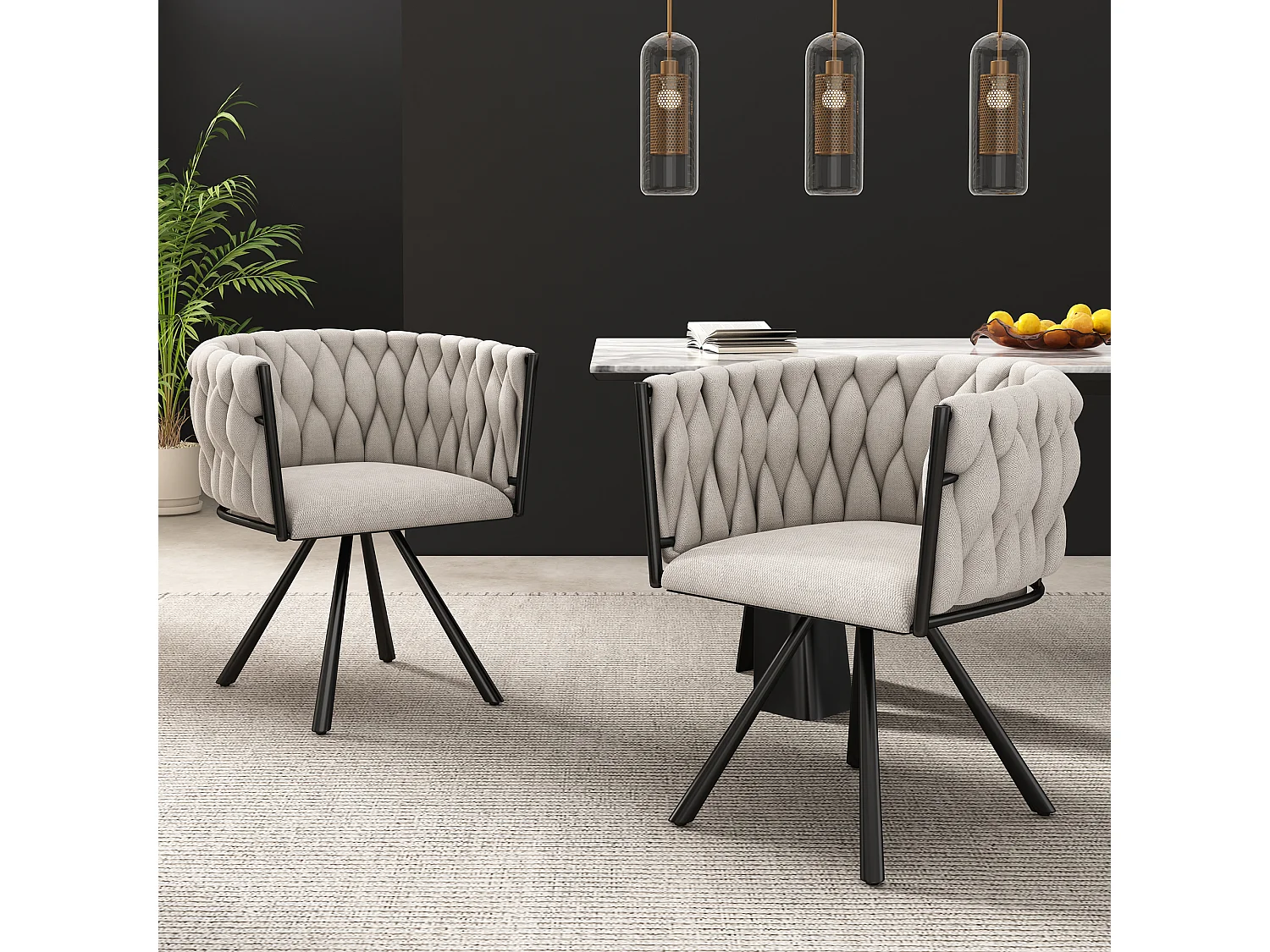 Lot de 2 chaises en lin avec accoudoirs et dossier 360° rotatif- pieds en métal noir - beige