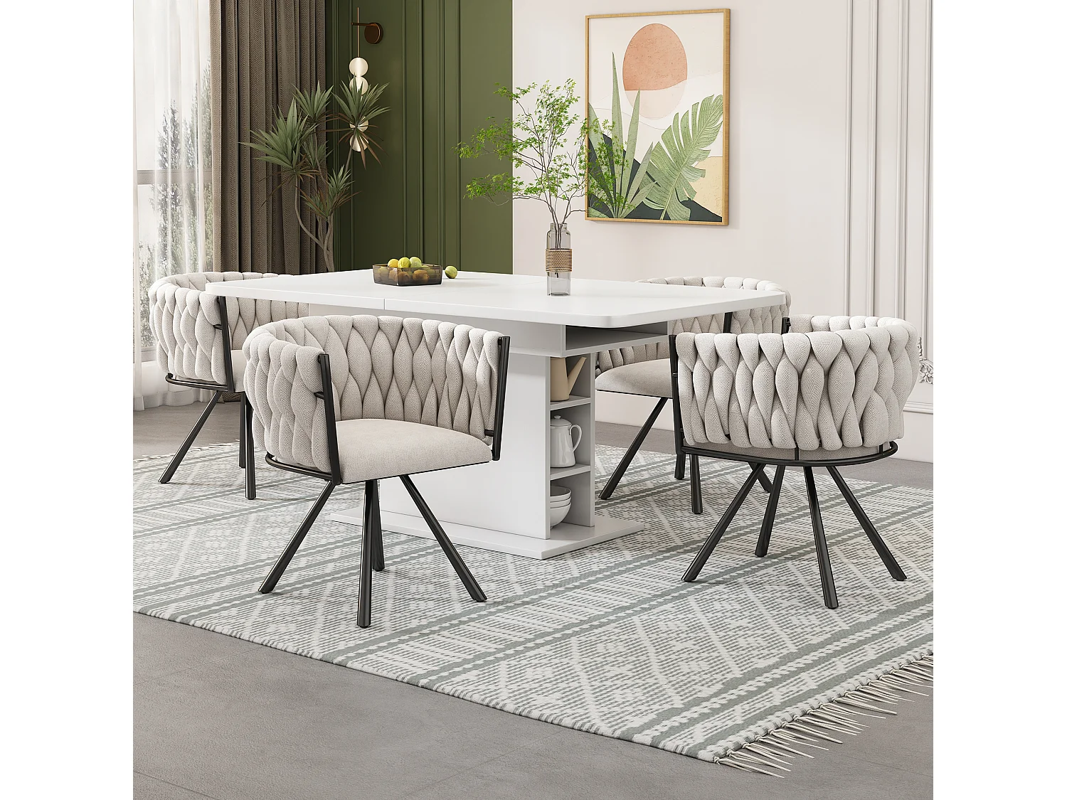 Lot de 2 chaises en lin avec accoudoirs et dossier 360° rotatif- pieds en métal noir - beige