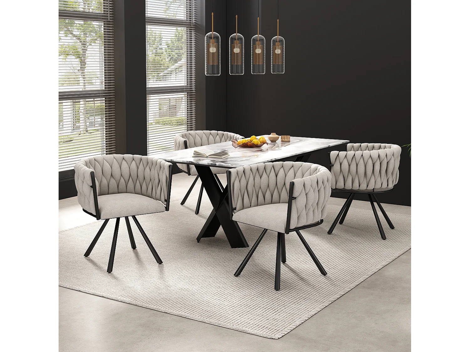 Lot de 2 chaises en lin avec accoudoirs et dossier 360° rotatif- pieds en métal noir - beige