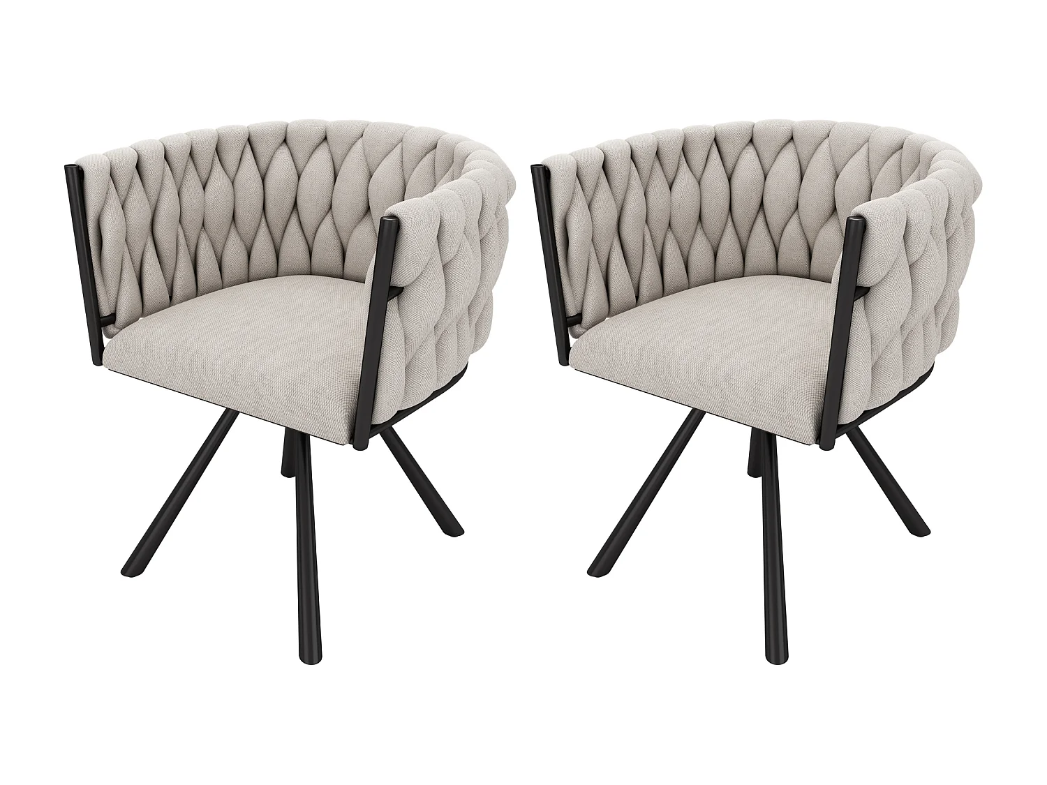Lot de 2 chaises en lin avec accoudoirs et dossier 360° rotatif- pieds en métal noir - beige