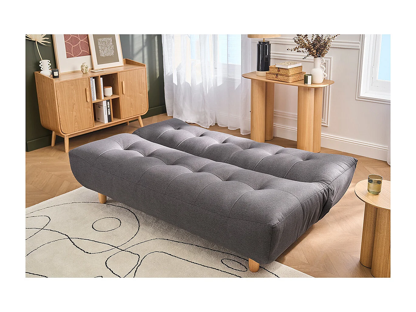 Canapé convertible scandinave 3 places en tissu gris foncé et bois clair YUMI