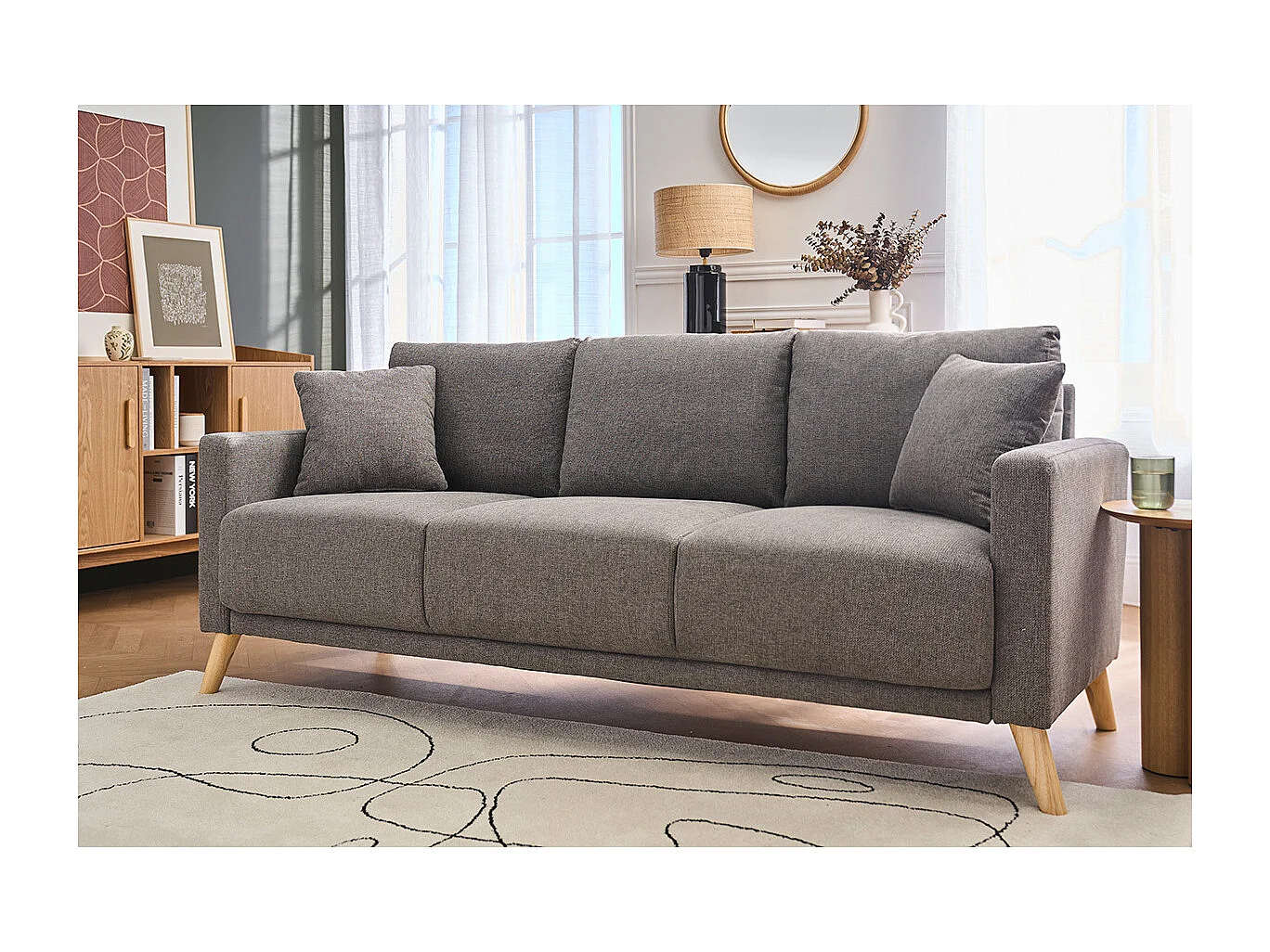 Canapé 3 places en tissu gris et bois clair MUNIK