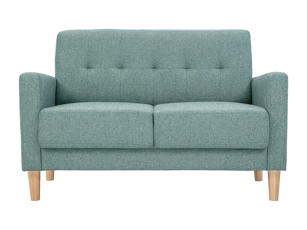 Sofá nórdico 2 plazas de tela verde grisáceo y madera clara MOON