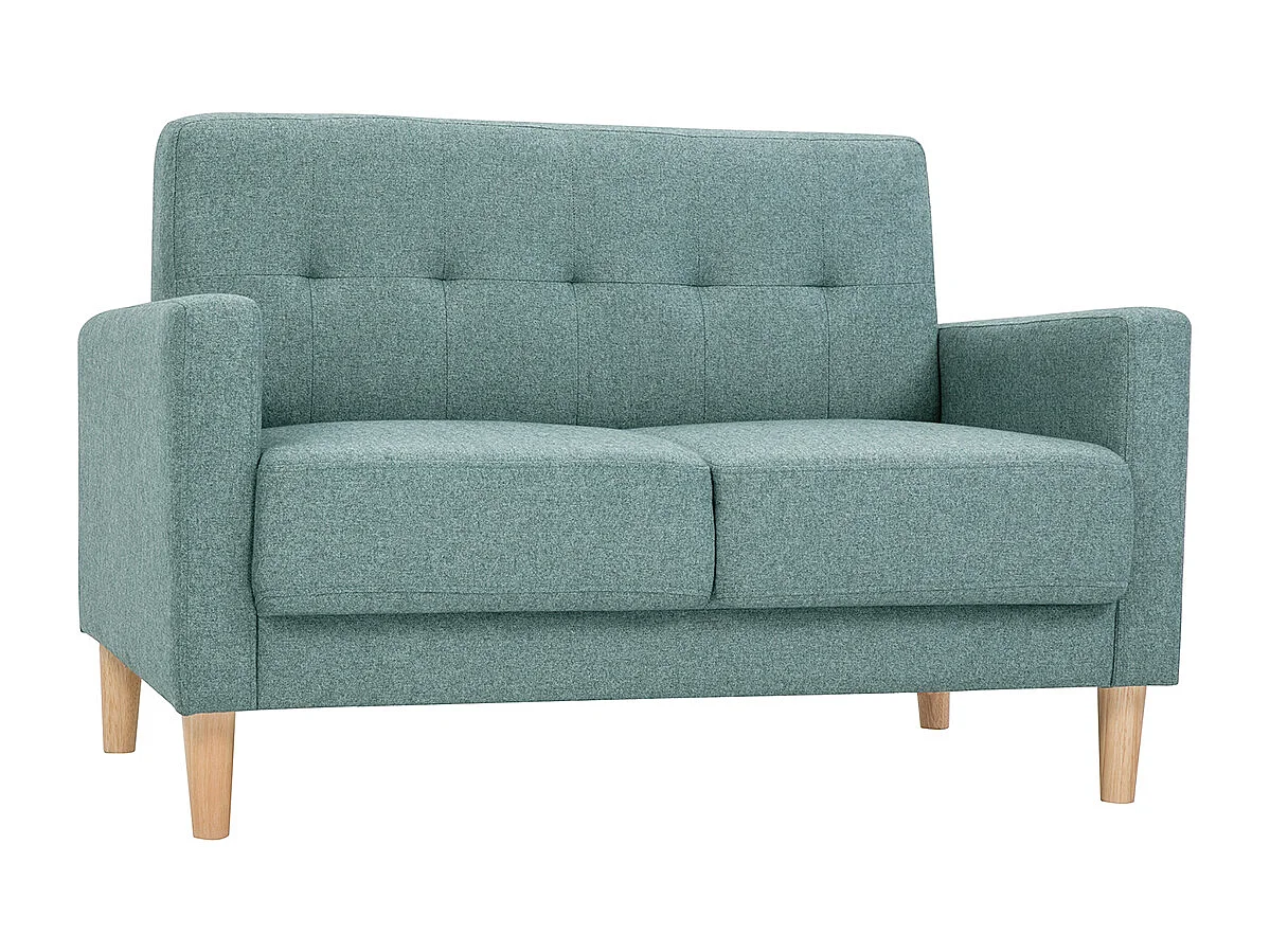 Sofá nórdico 2 plazas de tela verde grisáceo y madera clara MOON