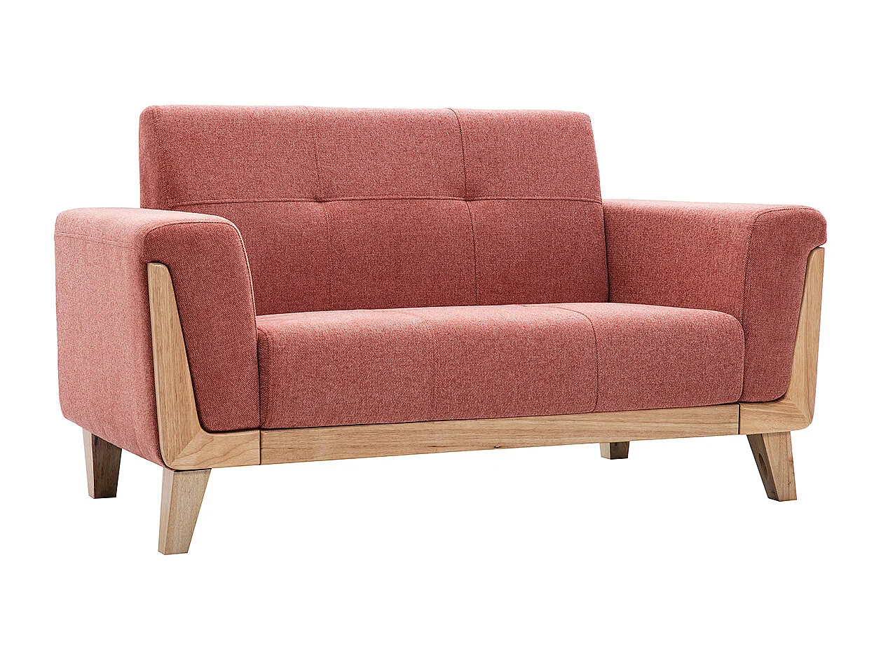 Sofá nórdico 2 plazas de tela terracota y madera clara FJORD