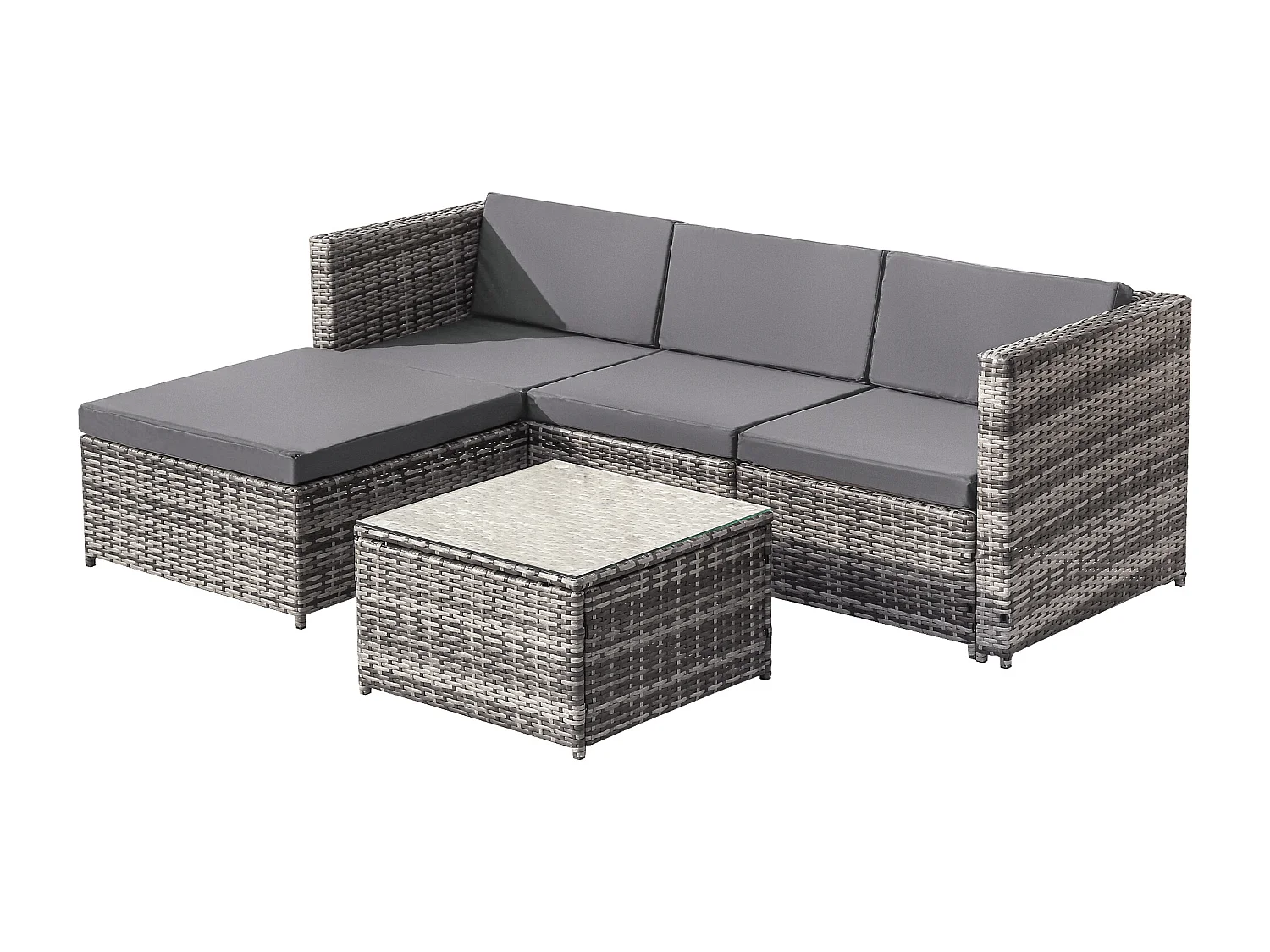 Salon de Jardin acier 4 places 1 table basse plateau en verre - coussin inclus - gris