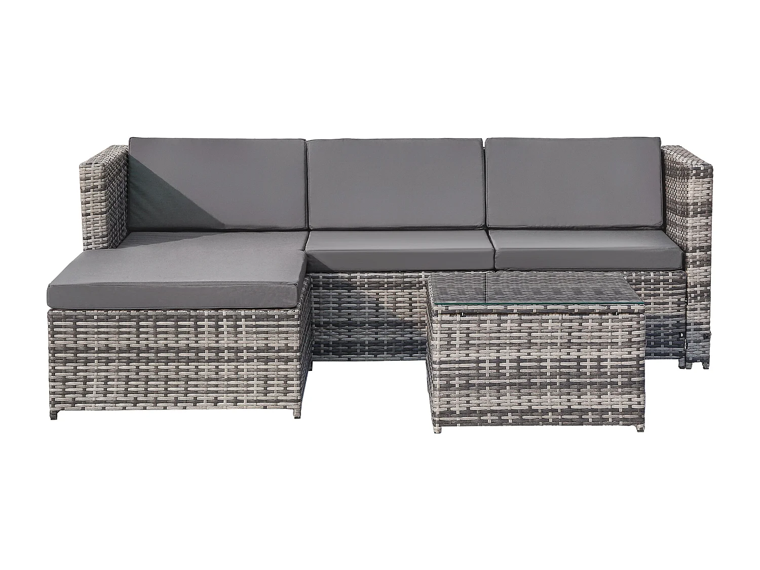 Salon de Jardin acier 4 places 1 table basse plateau en verre - coussin inclus - gris