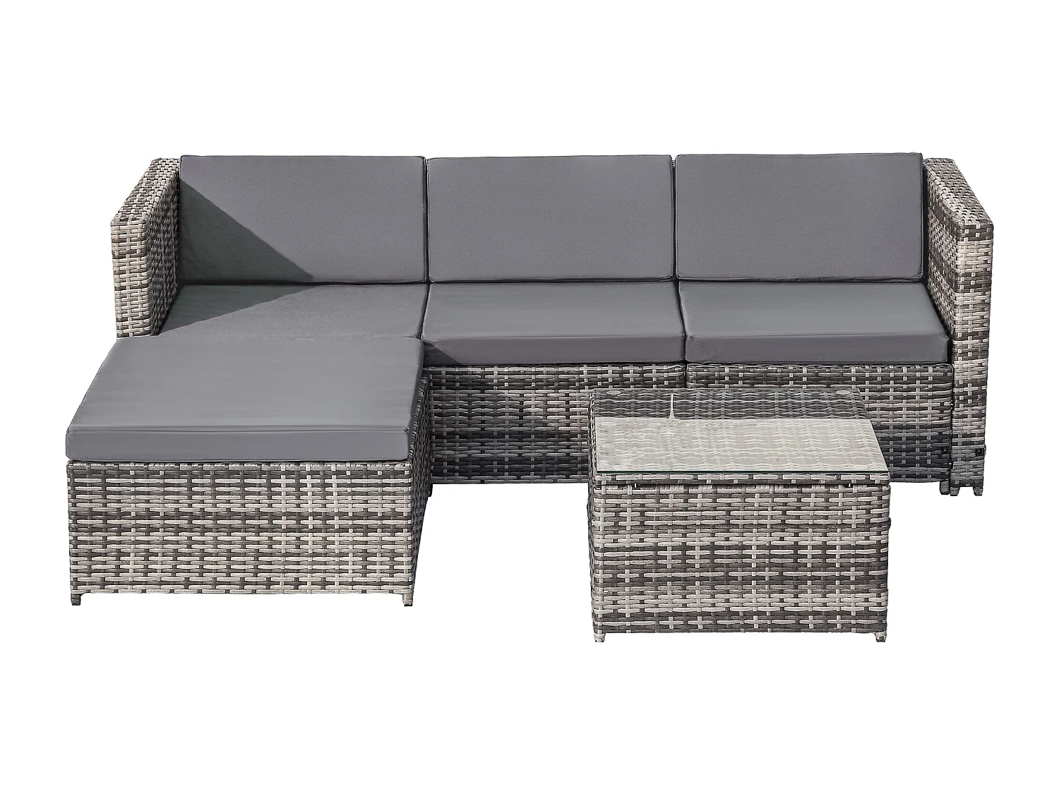 Salon de Jardin acier 4 places 1 table basse plateau en verre - coussin inclus - gris
