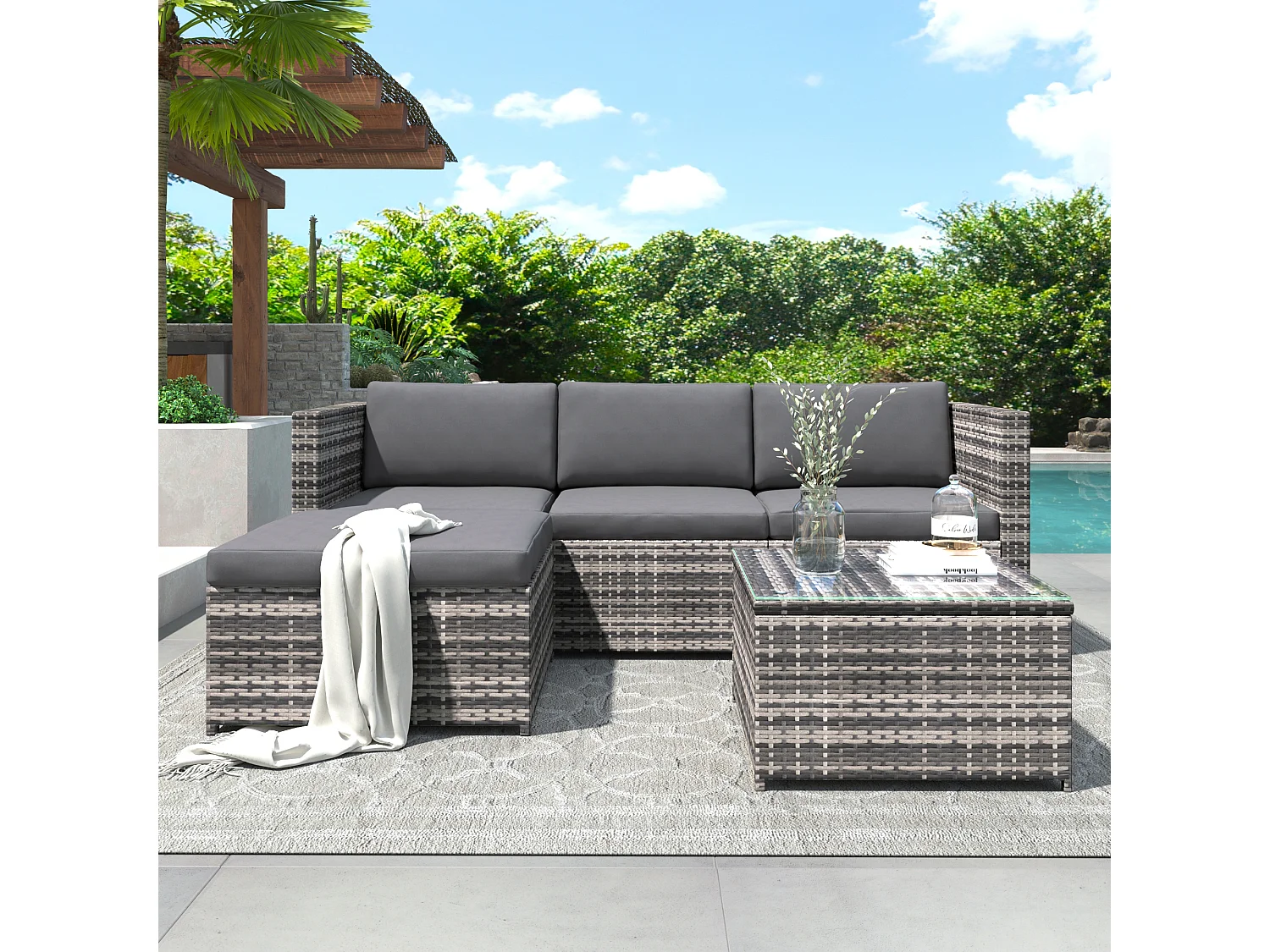 Salon de Jardin acier 4 places 1 table basse plateau en verre - coussin inclus - gris