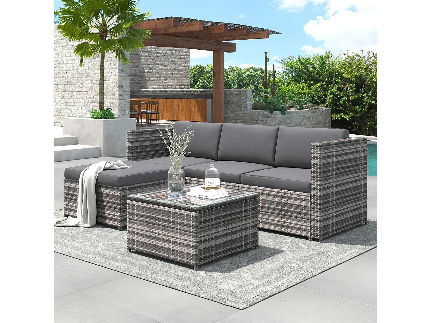 Salon de Jardin acier 4 places 1 table basse plateau en verre - coussin inclus - gris