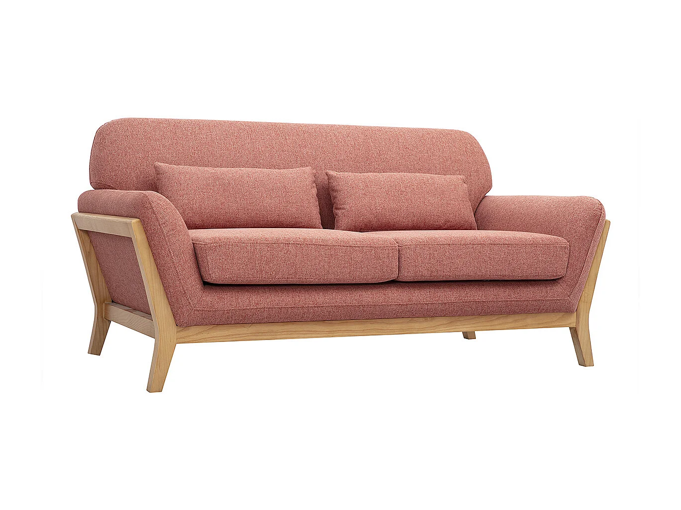 Canapé scandinave 2 places en tissu effet velours texturé terracotta et bois clair YOKO