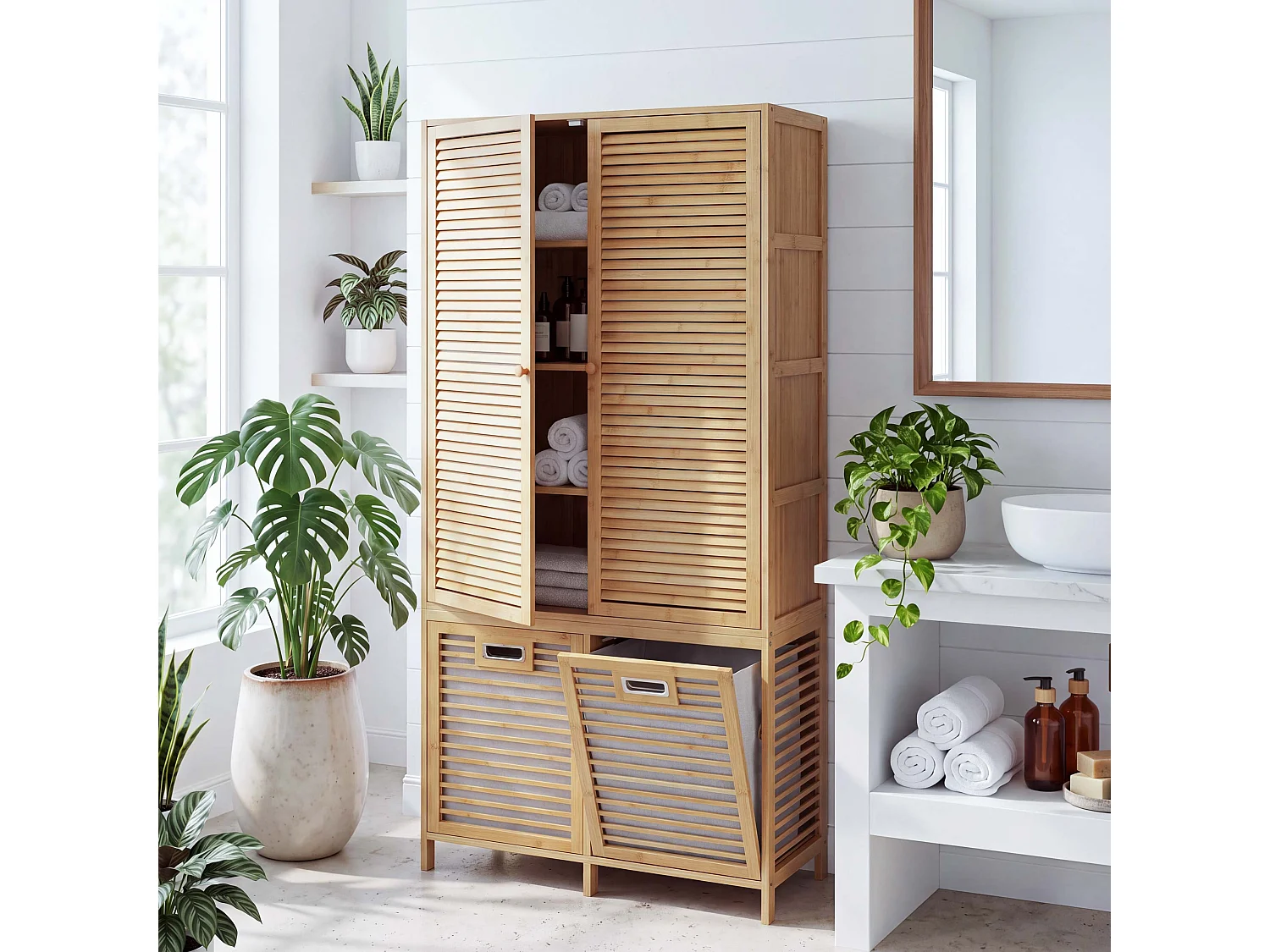 Armoire de salle de bains MCW-N83, Armoire de salle de bain en bambou MCW-N83, étagère, armoire de rangement, 2 paniers à linge 168x82x34cm