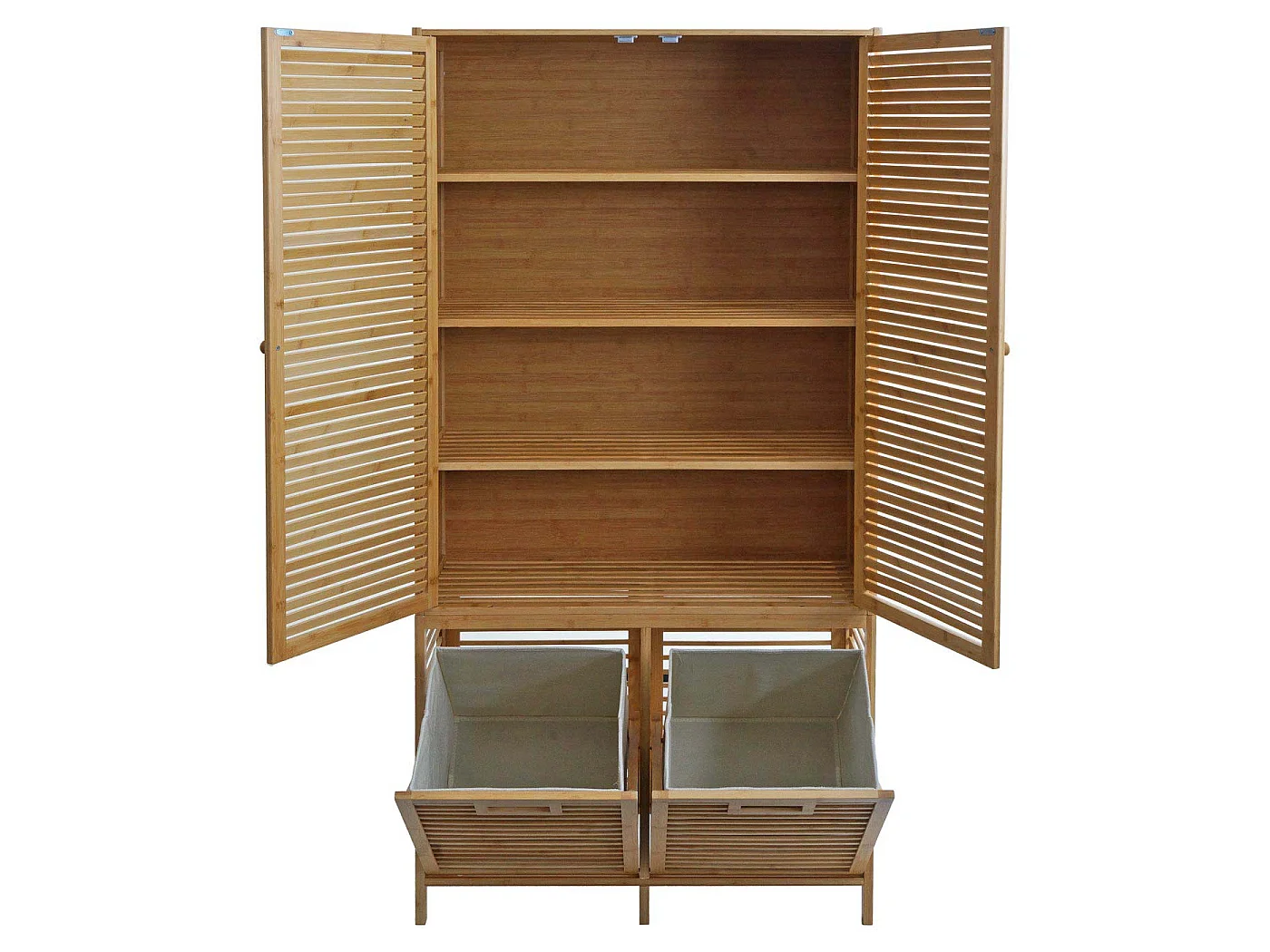 Armoire de salle de bains MCW-N83, Armoire de salle de bain en bambou MCW-N83, étagère, armoire de rangement, 2 paniers à linge 168x82x34cm