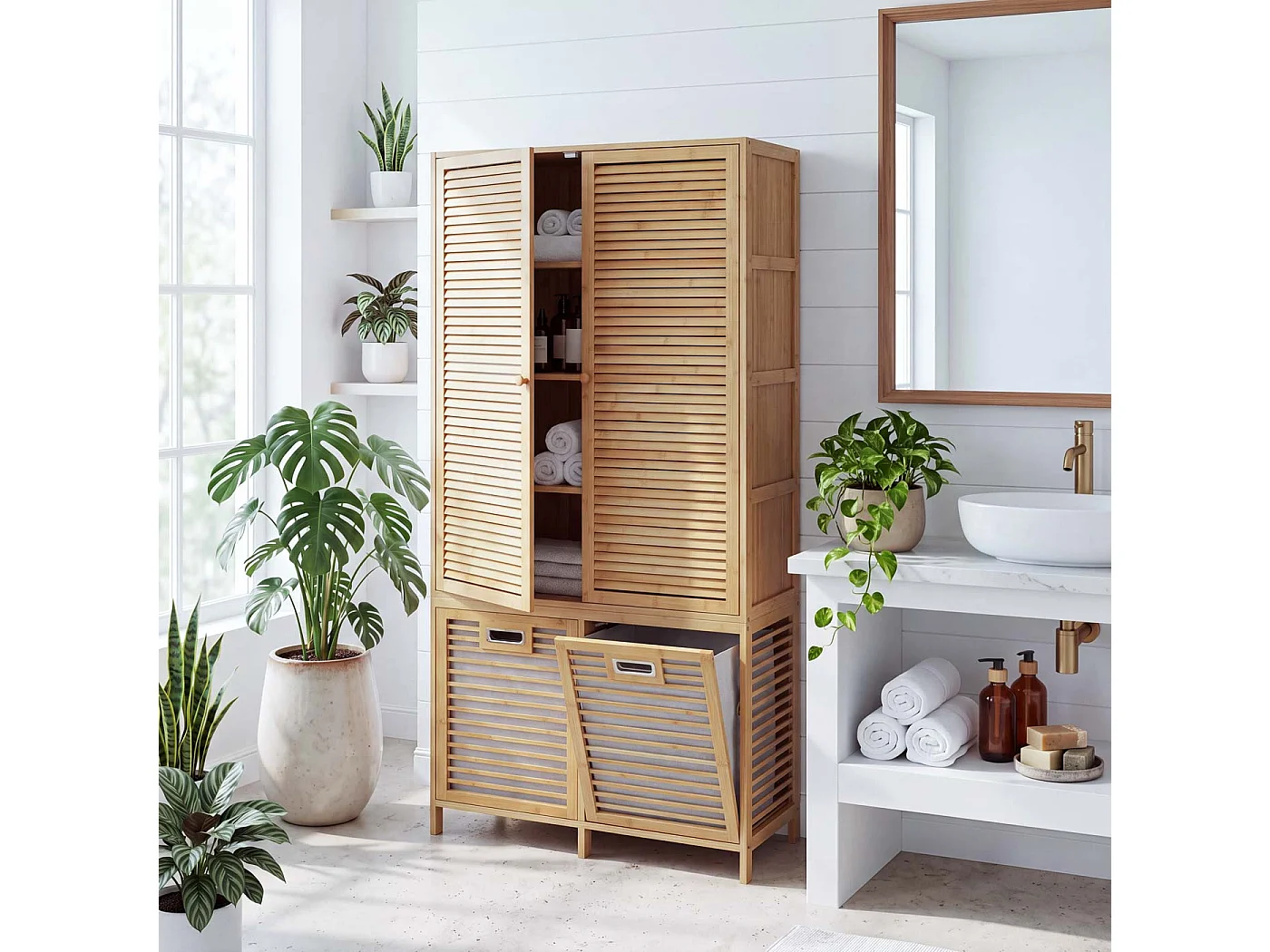 Armoire de salle de bains MCW-N83, Armoire de salle de bain en bambou MCW-N83, étagère, armoire de rangement, 2 paniers à linge 168x82x34cm