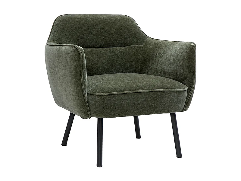 Sillón de diseño en tela efecto terciopelo verde caqui y metal negro LAURENS