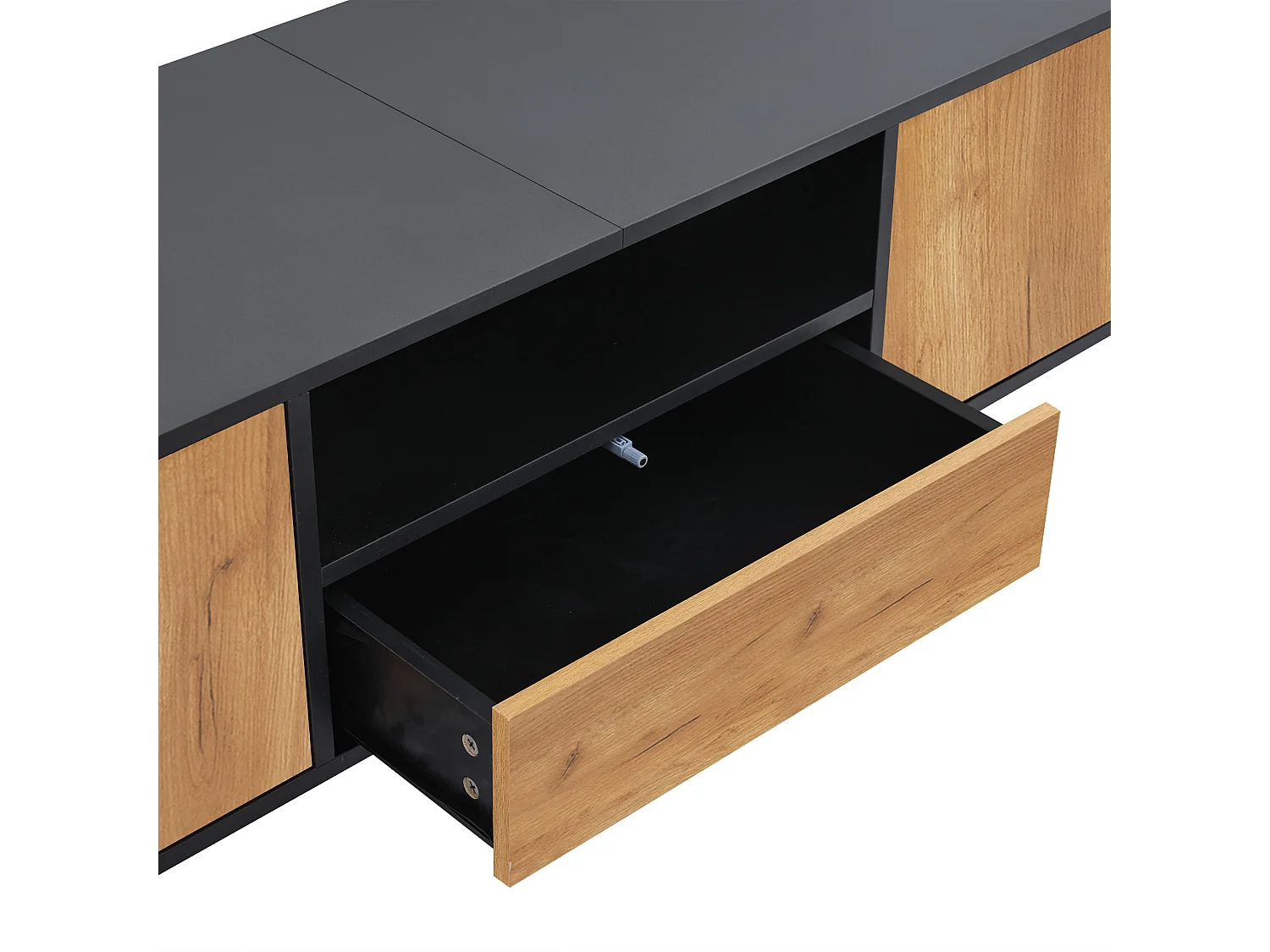 Meuble TV 180x40x46 cm avec 2 portes 1 tiroir et rangement - pieds en bois - couleur naturel et noir