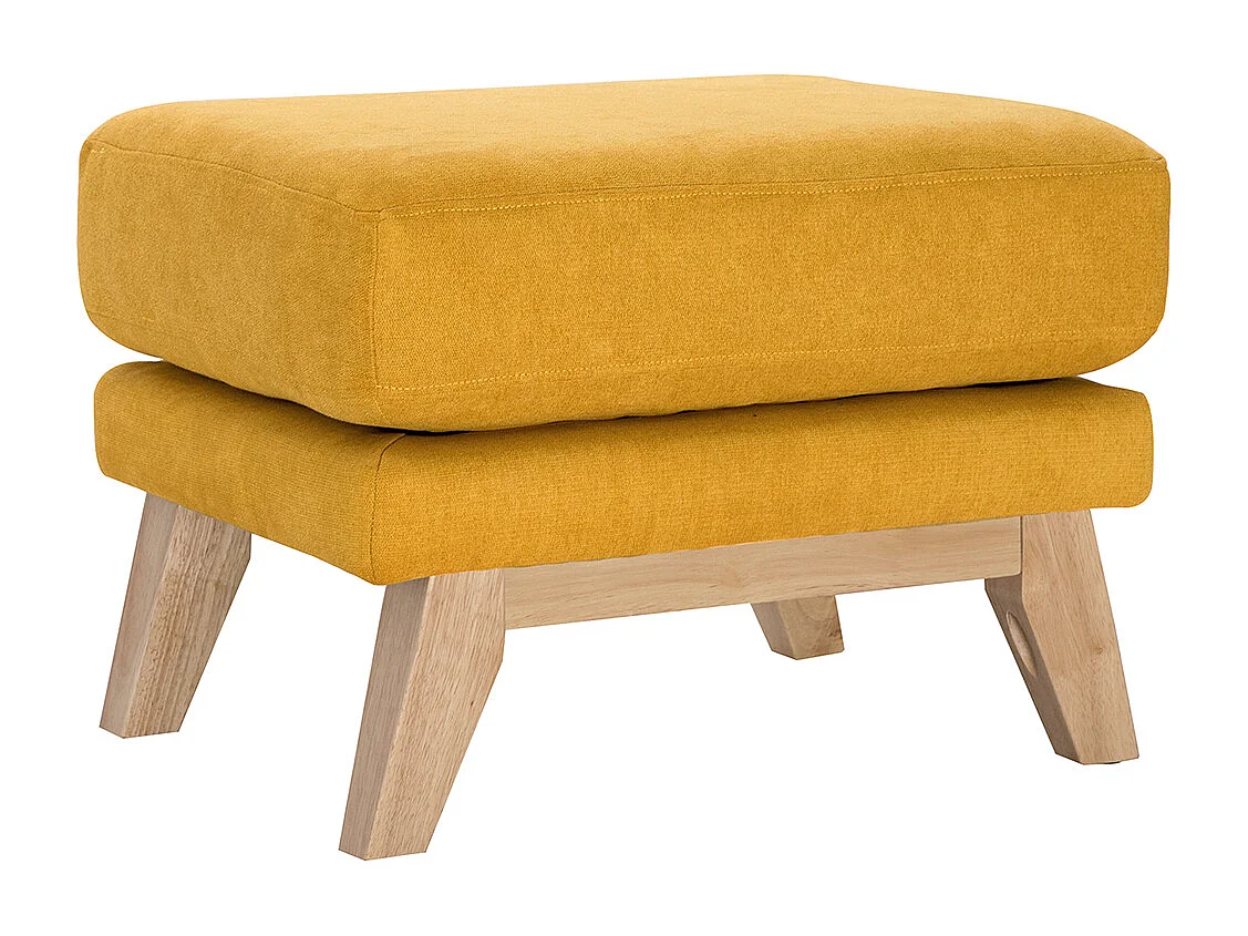 Pouf repose-pieds déhoussable scandinave en tissu effet velours jaune moutarde et bois clair OSLO