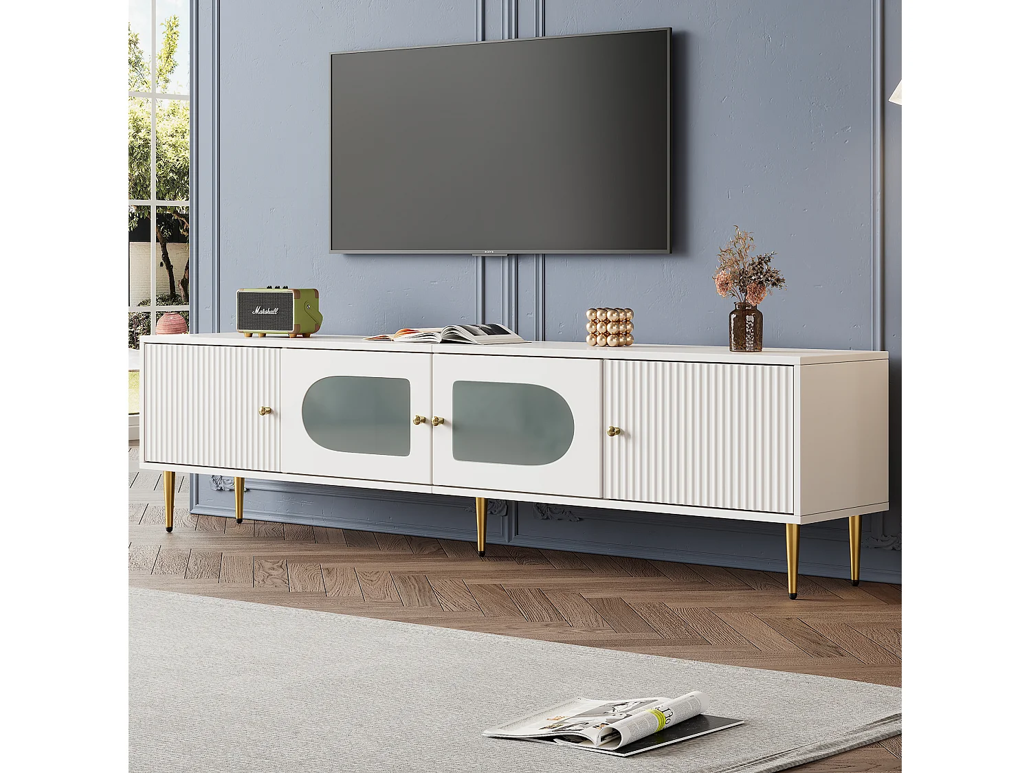 Meuble TV 170x35x50 cm 4 portes meuble de rangement en bois - poignées et pieds dorés - blanc