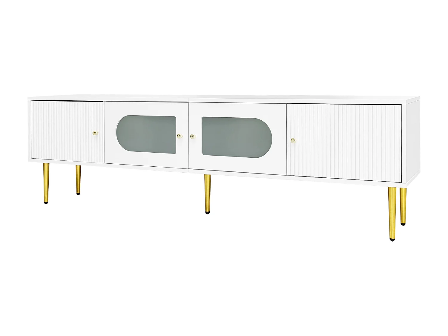 Meuble TV 170x35x50 cm, 4 portes, passe câbles, charnières silencieuses, panneau de particules blanc