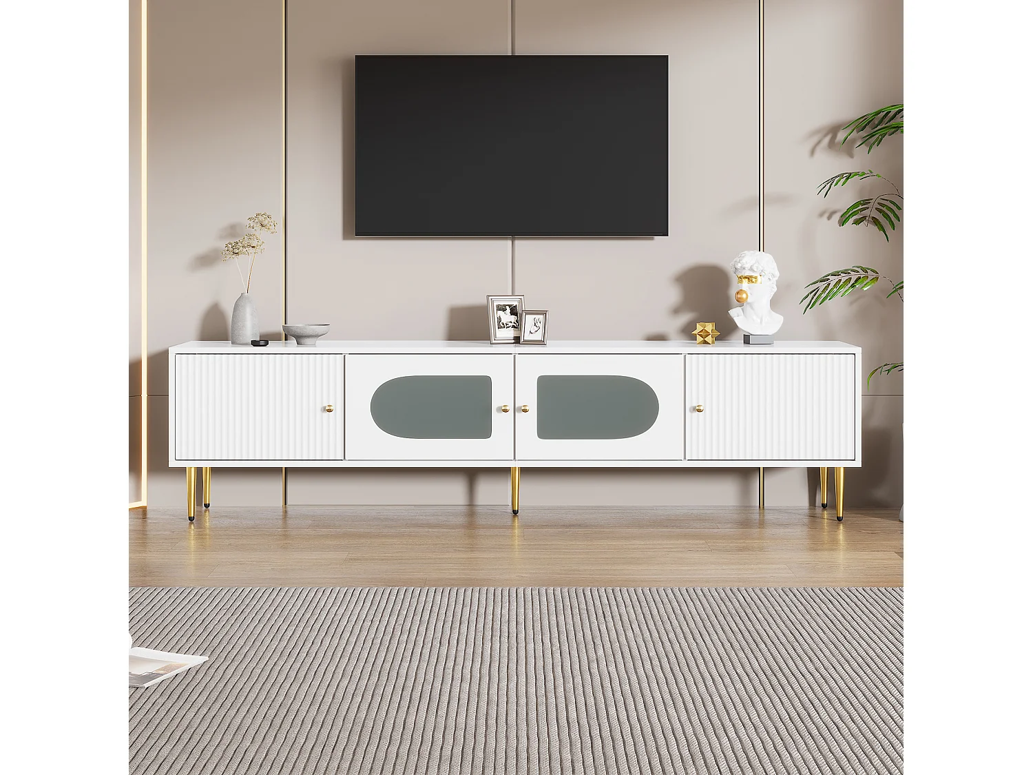 Meuble TV 170x35x50 cm, 4 portes, passe câbles, charnières silencieuses, panneau de particules blanc