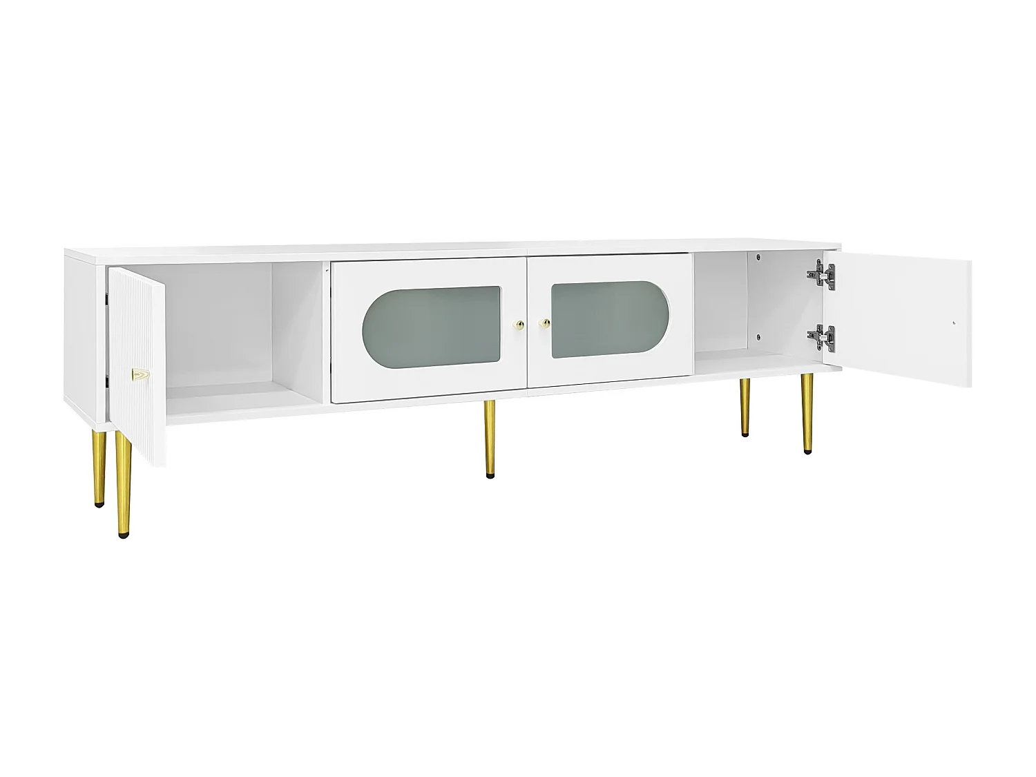 Meuble TV 170x35x50 cm, 4 portes, passe câbles, charnières silencieuses, panneau de particules blanc