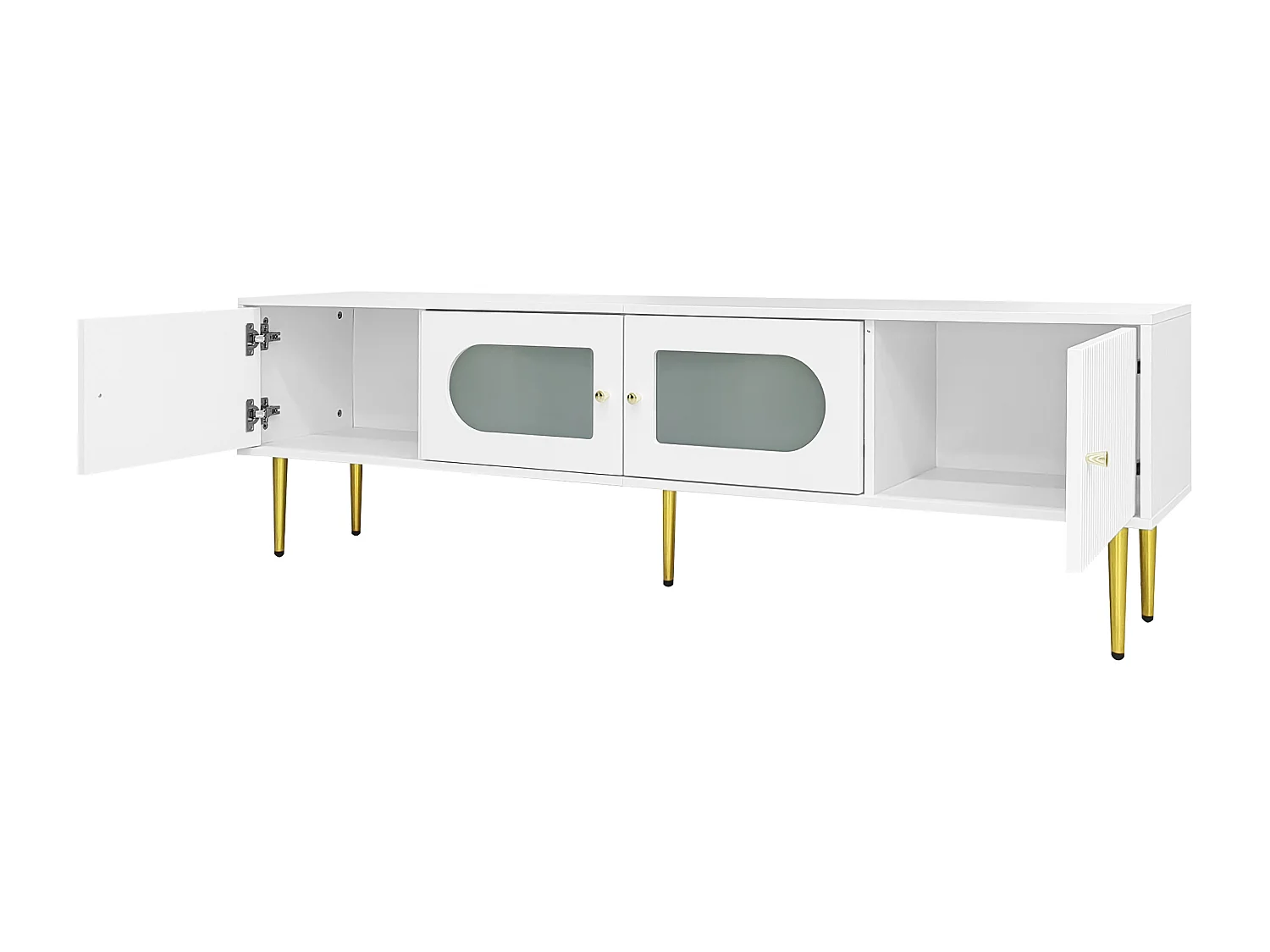 Meuble TV 170x35x50 cm, 4 portes, passe câbles, charnières silencieuses, panneau de particules blanc