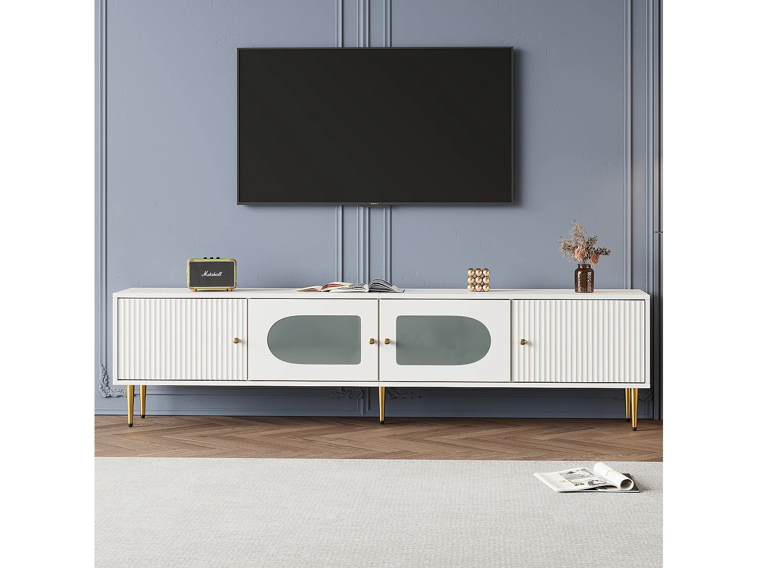 Meuble TV 170x35x50 cm, 4 portes, passe câbles, charnières silencieuses, panneau de particules blanc