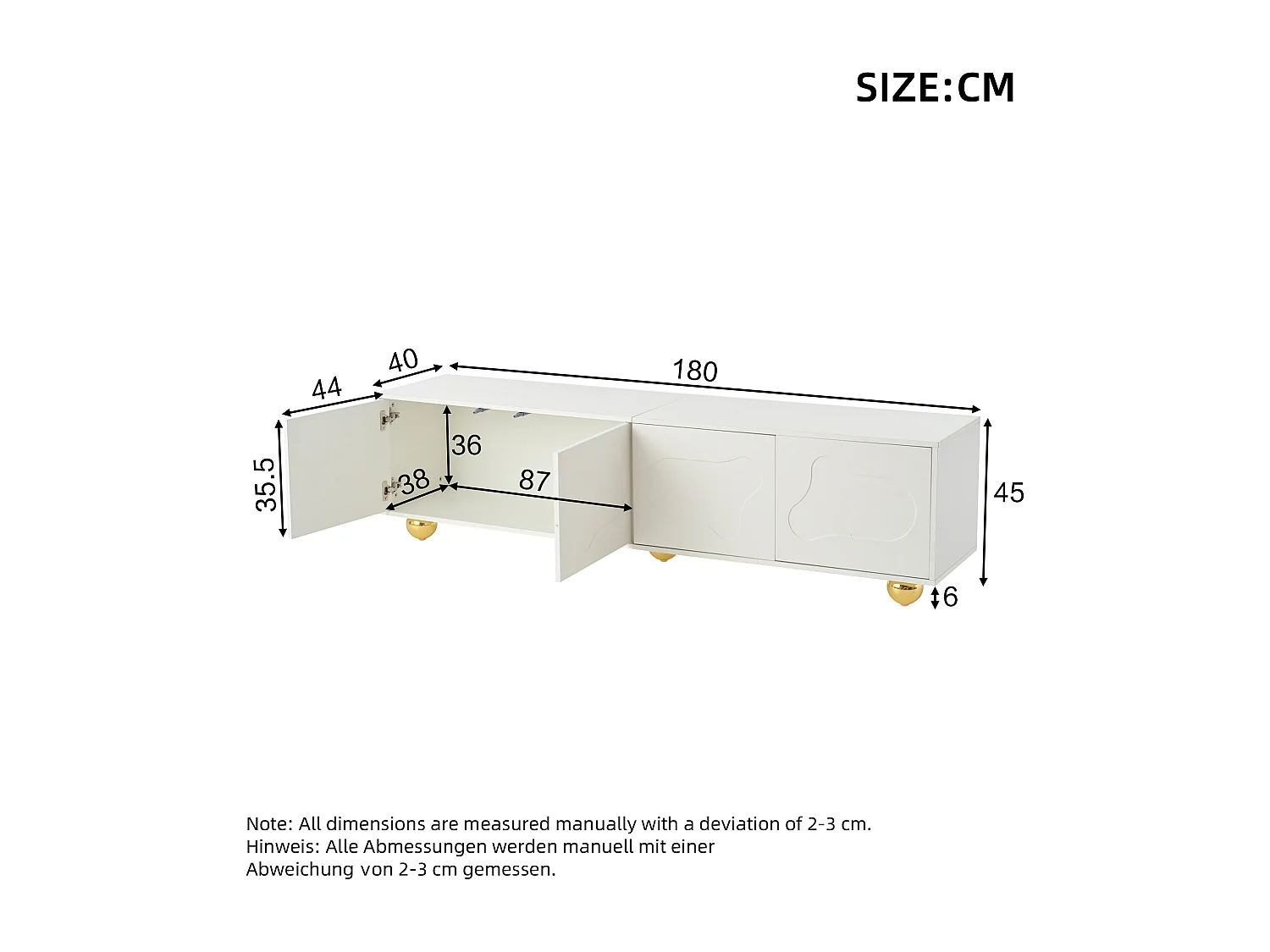 Meuble tv 180x40x45cm bois mignon cartoon avec 4 portes et rangement - pieds en métal - blanc