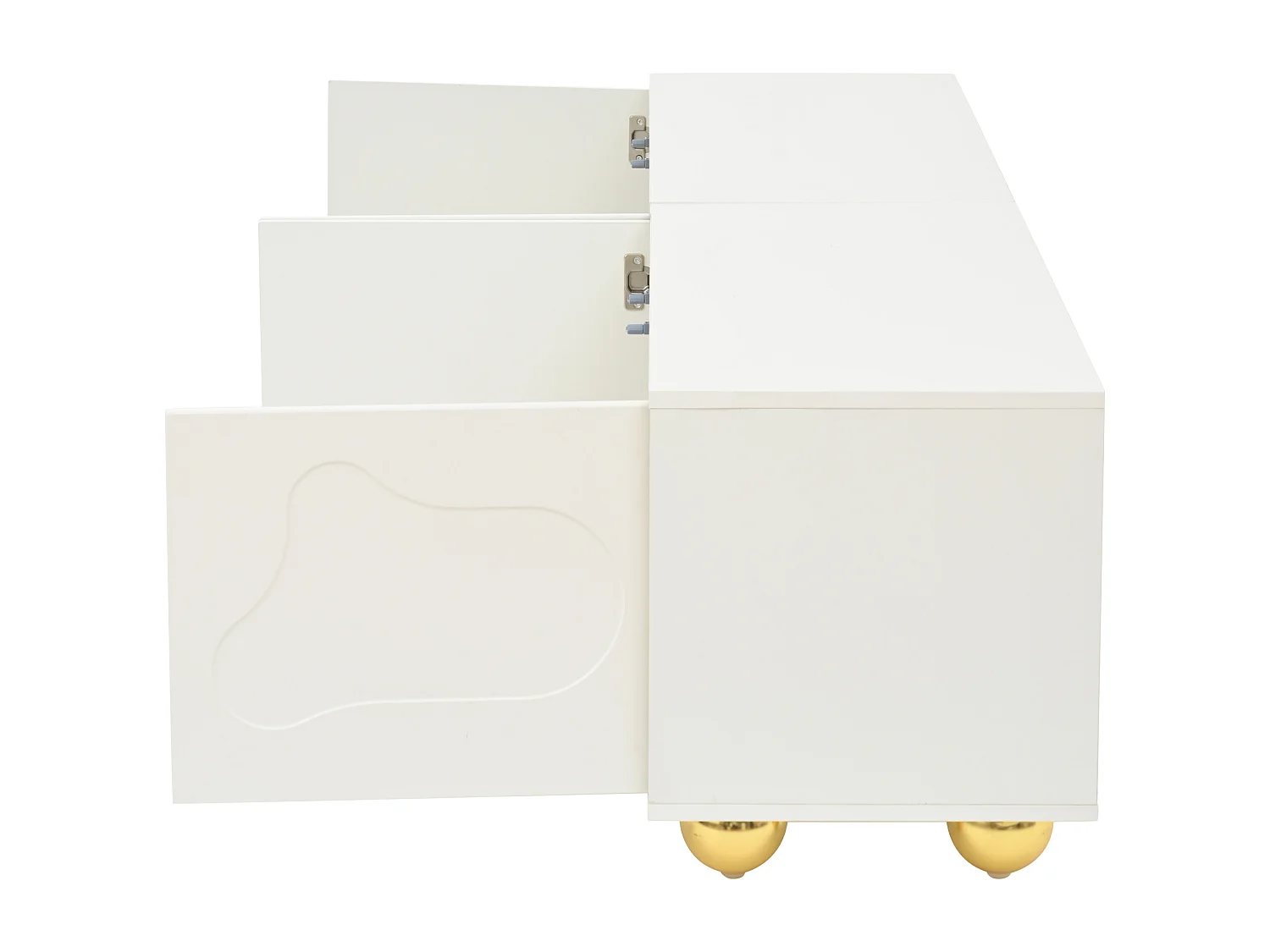 Meuble tv 180x40x45cm bois mignon cartoon avec 4 portes et rangement - pieds en métal - blanc