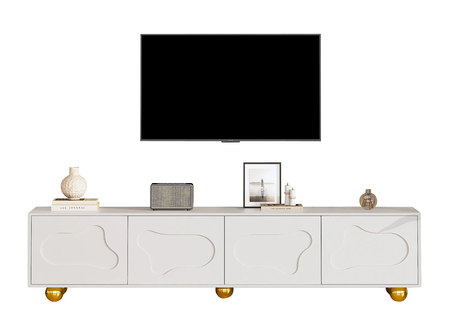 Meuble TV 180x40x45 cm, 4 portes en forme de nuage, 5 pieds, panneau de particules blanc