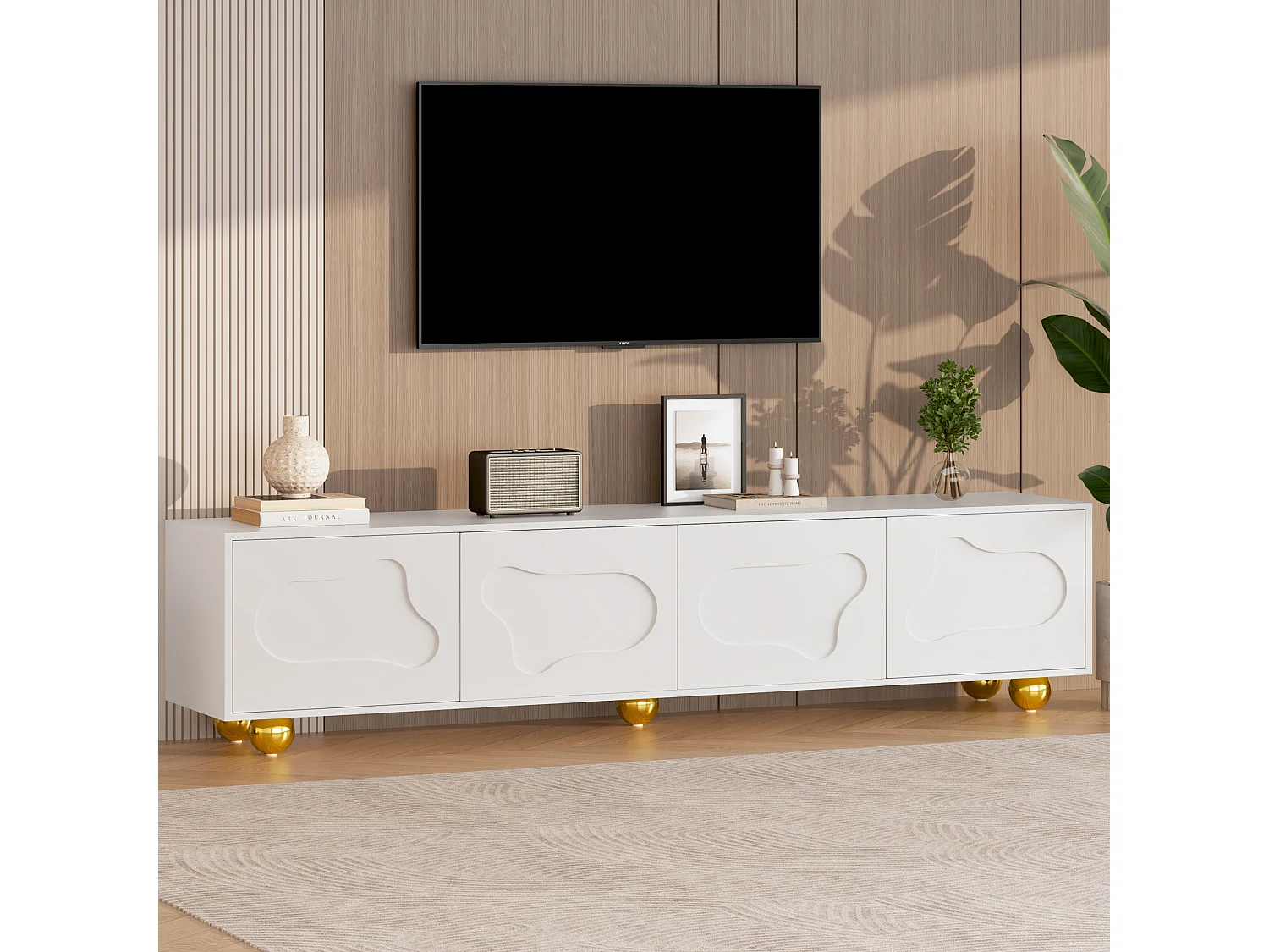 Meuble TV 180x40x45 cm, 4 portes en forme de nuage, 5 pieds, panneau de particules blanc