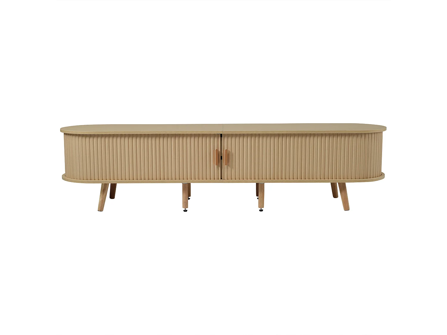 Meuble tv 175x40x42cm salon avec 2 tiroirs et rangement ouvert - plateau ovale mdf - chêne