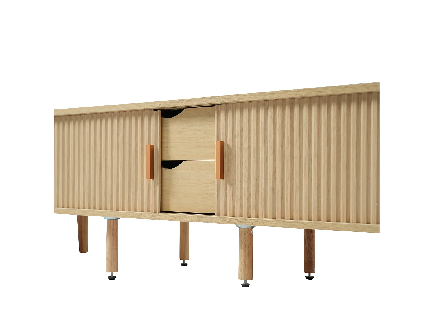 Meuble tv 175x40x42cm salon avec 2 tiroirs et rangement ouvert - plateau ovale mdf - chêne