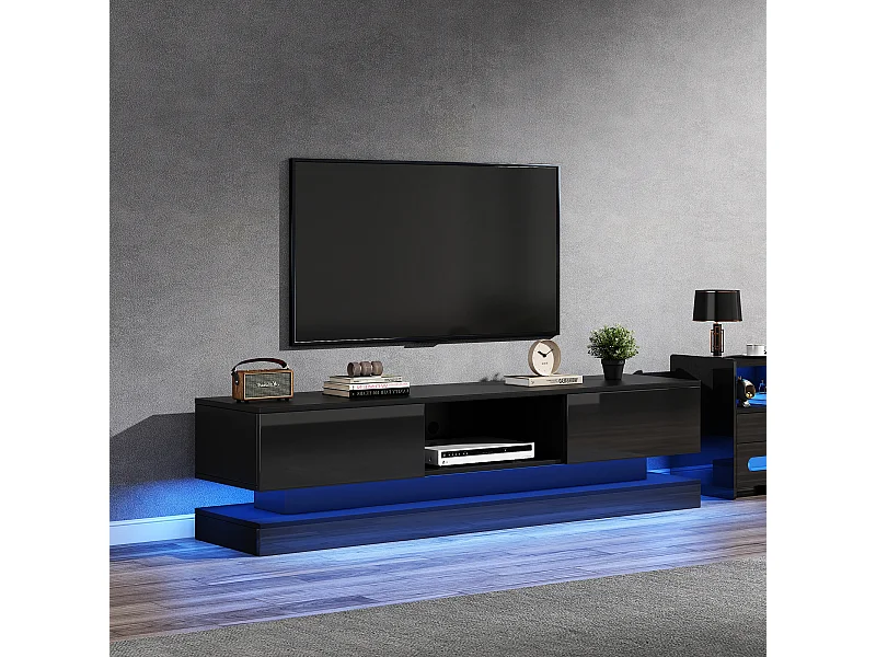 Meuble TV 160x35x40.5 cm LED salon avec 2 portes et rangement ouvert - bois - noir brillant
