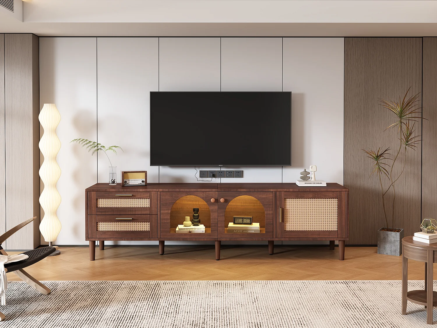 Meuble TV 180x40x50 cm, 2 tiroirs en rotin, 3 portes dont 2 en verre, LED, panneaux de particules marron