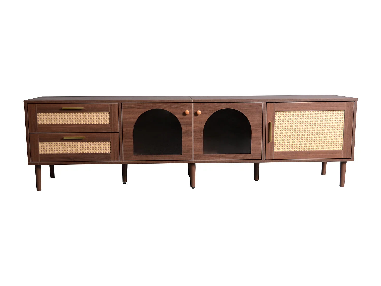 Meuble TV 180x40x50 cm, 2 tiroirs en rotin, 3 portes dont 2 en verre, LED, panneaux de particules marron
