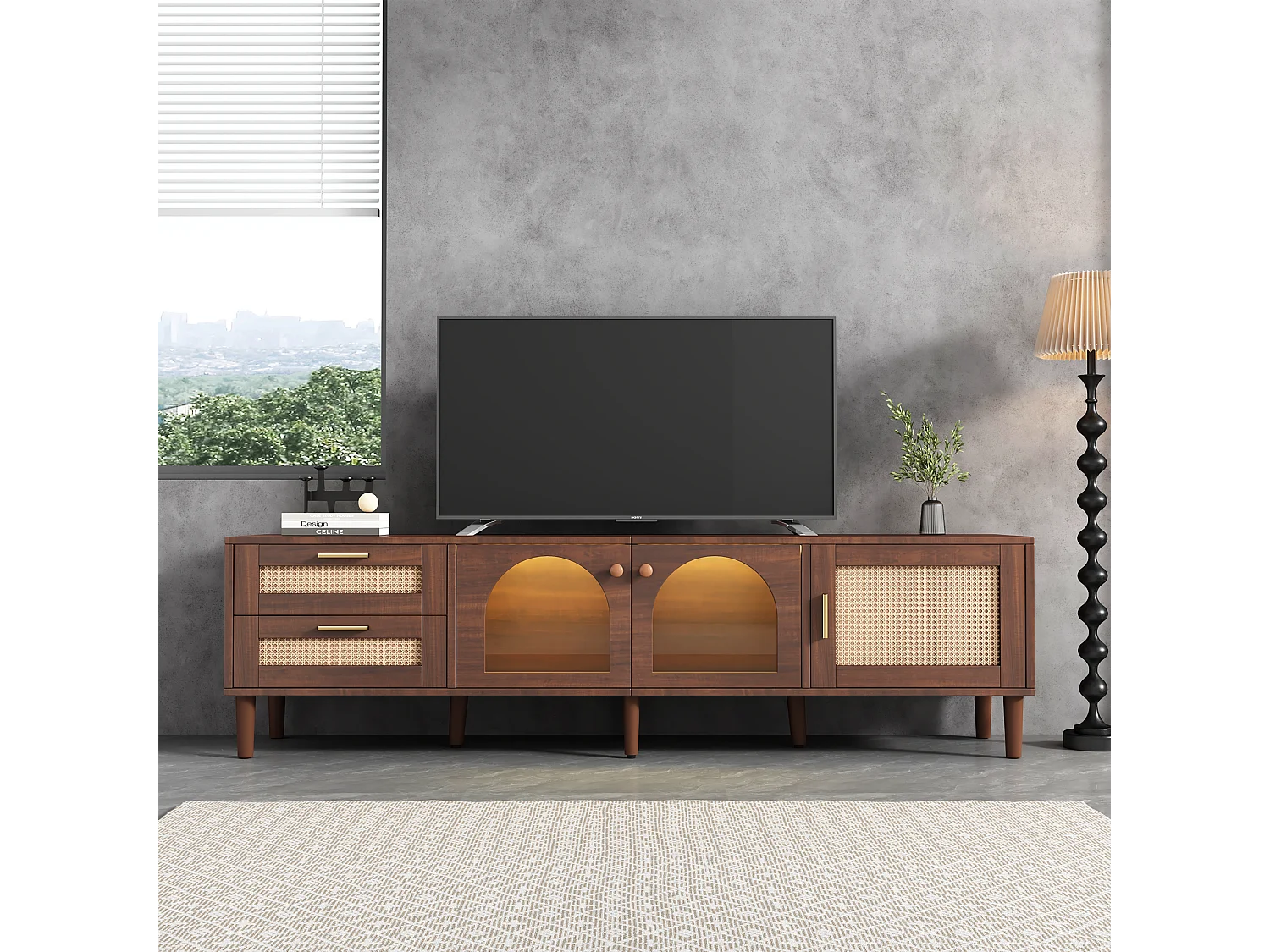 Meuble TV 180x40x50 cm avec 3 portes 2 tiroirs en rotin meuble de rangement en bois - verre décoratif - chêne