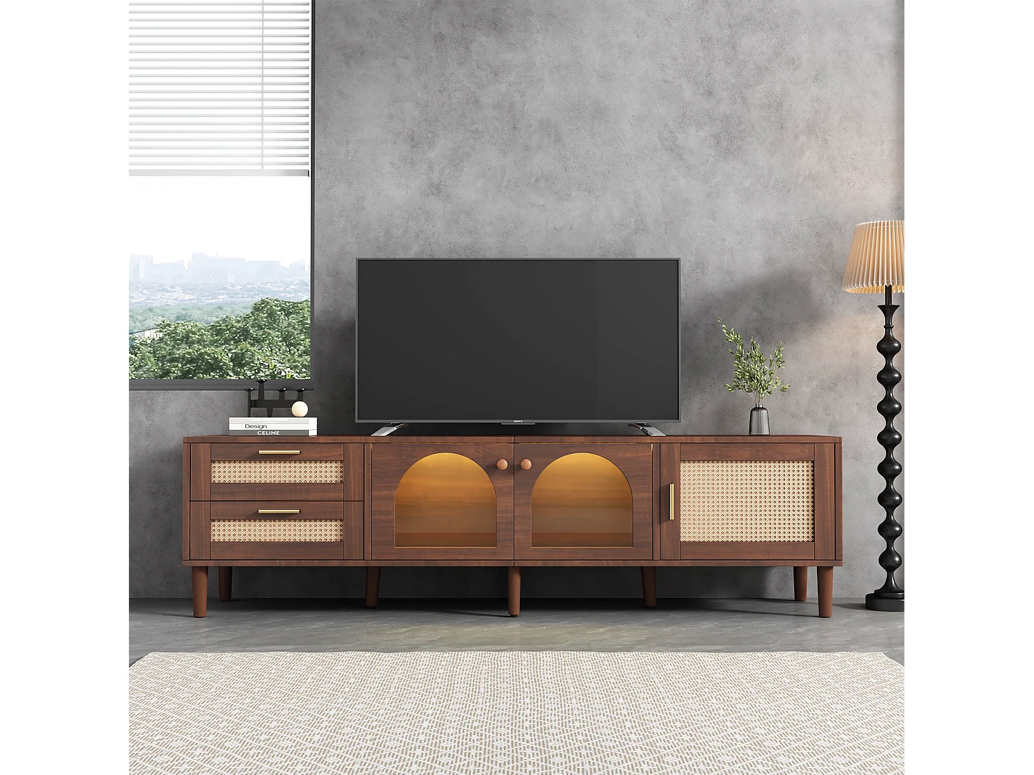 Meuble TV 180x40x50 cm, 2 tiroirs en rotin, 3 portes dont 2 en verre, LED, panneaux de particules marron