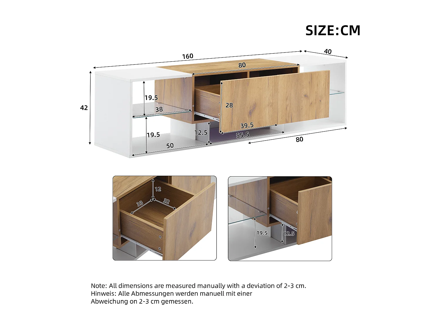 Meuble TV 160x40x42 cm, LED dimmable, 2 tiroirs, étagère en verre, panneau de particules, blanc et bois naturel