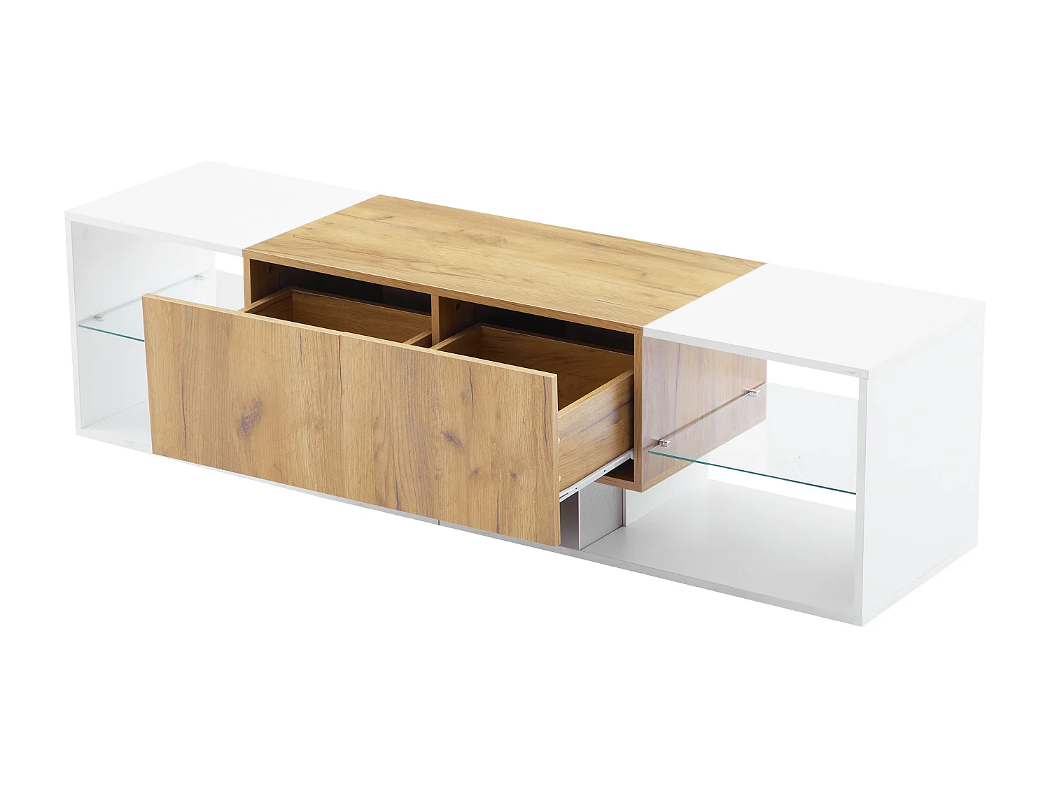 Meuble TV 160x40x42 cm, LED dimmable, 2 tiroirs, étagère en verre, panneau de particules, blanc et bois naturel